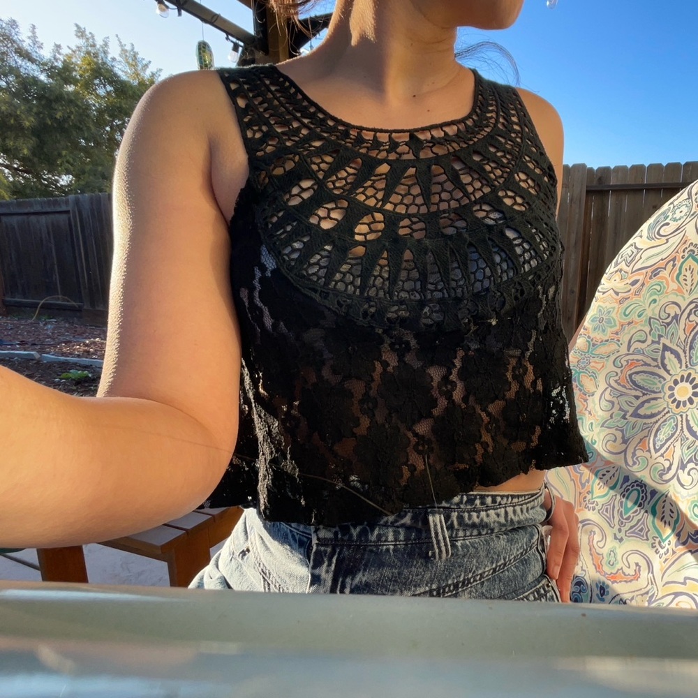 Edgy Unique Black Mesh Lace Cropped Top Tank with a Dual-Sided Design (Medium)